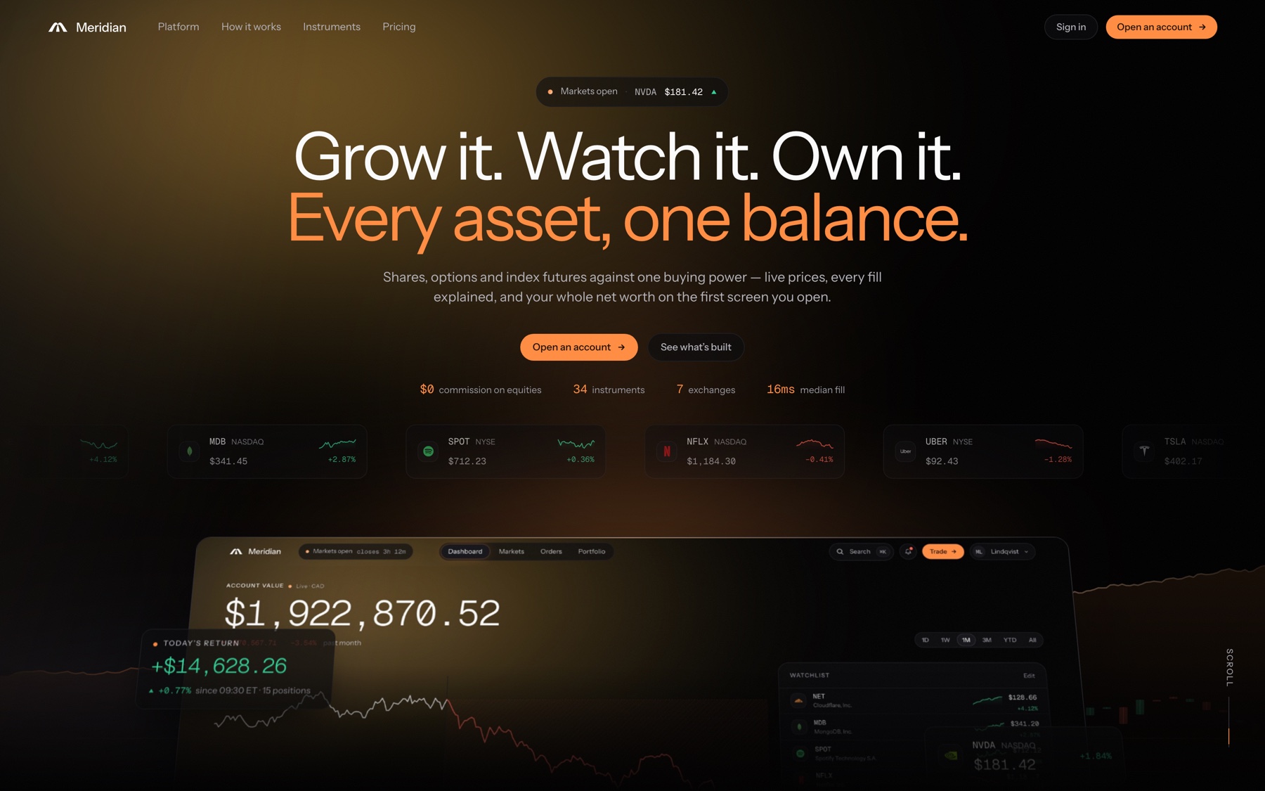 The Meridian landing page: the product frame standing up under the hero.