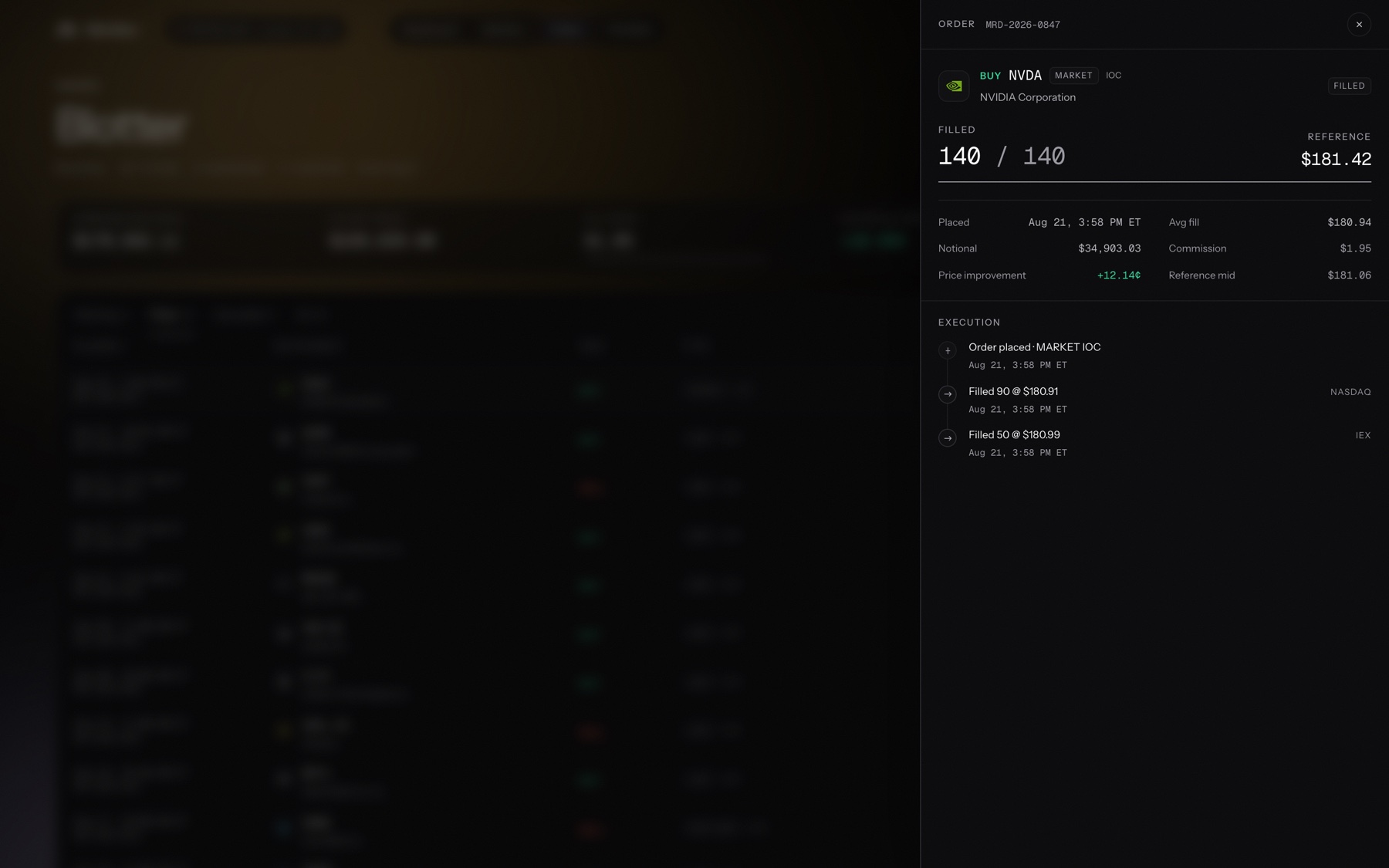 A row opened: the order drawer, with every partial fill listed by venue, time and price.