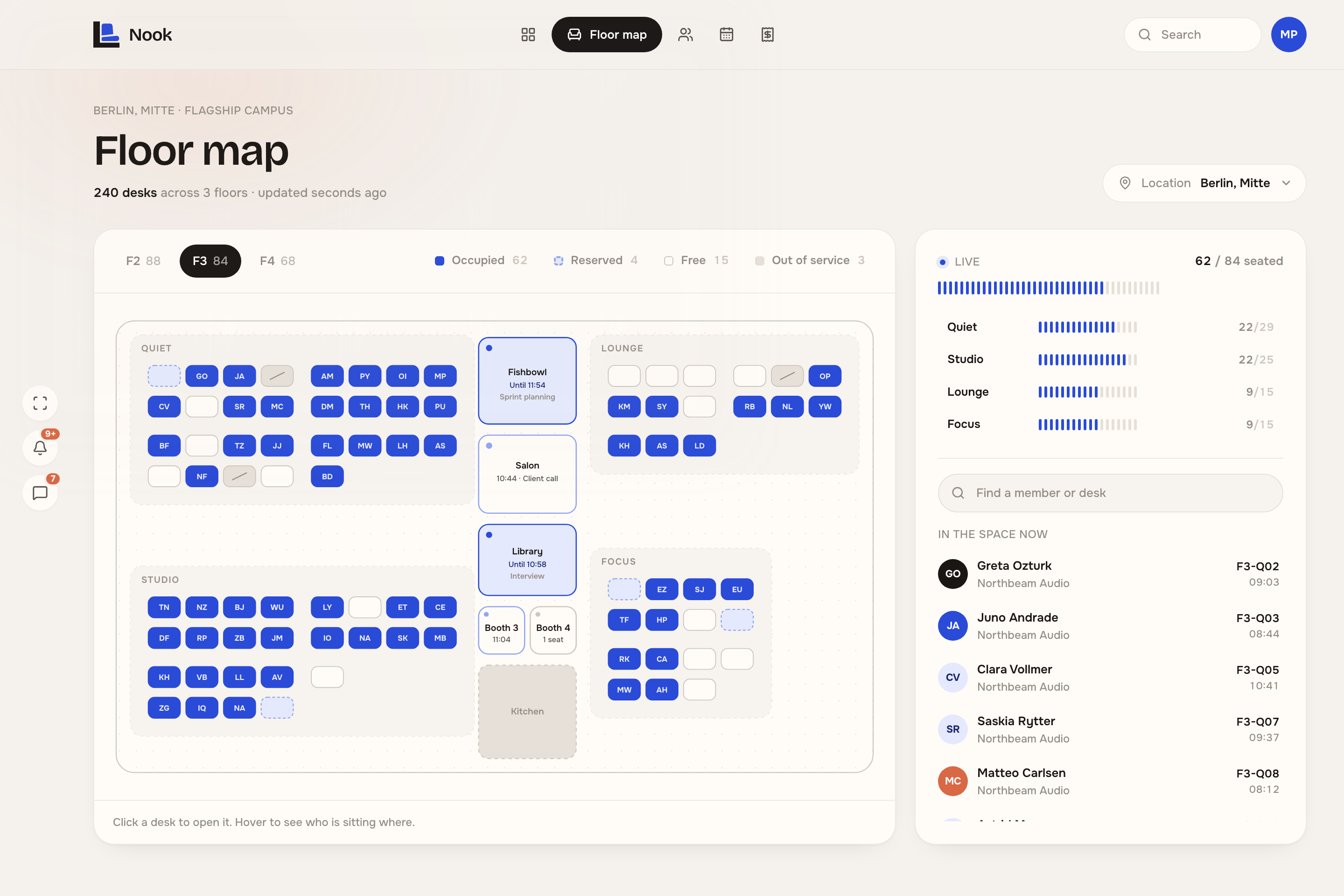 Nook's floor map: 240 desks across three floors at the Mitte campus, occupied desks in cobalt with the sitter's initials, held desks outlined, and a live rail listing who is in the space.