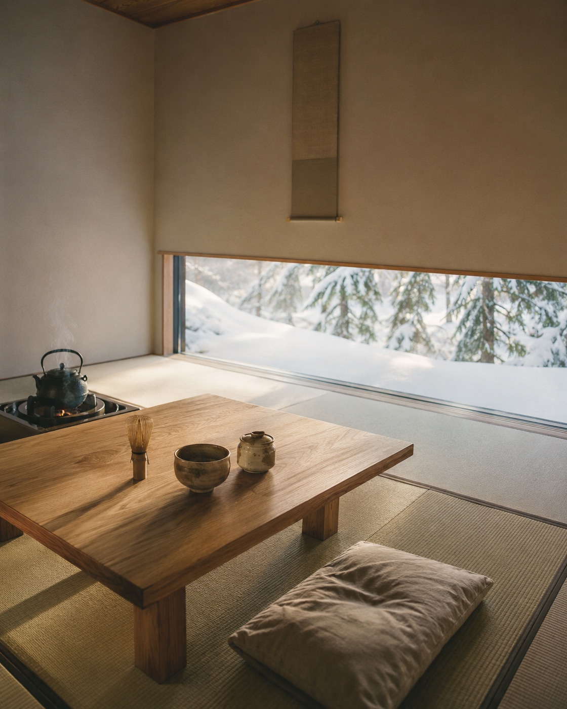 The tea room at first light, snow outside the window