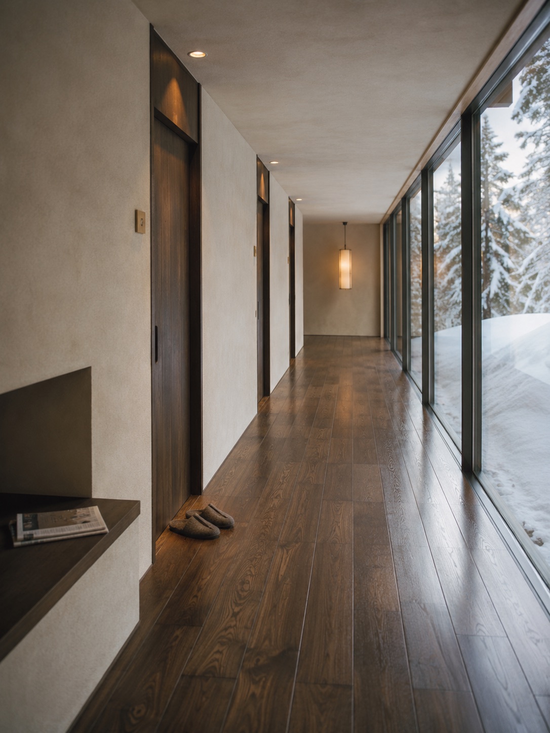 The room corridor in winter, lamplit