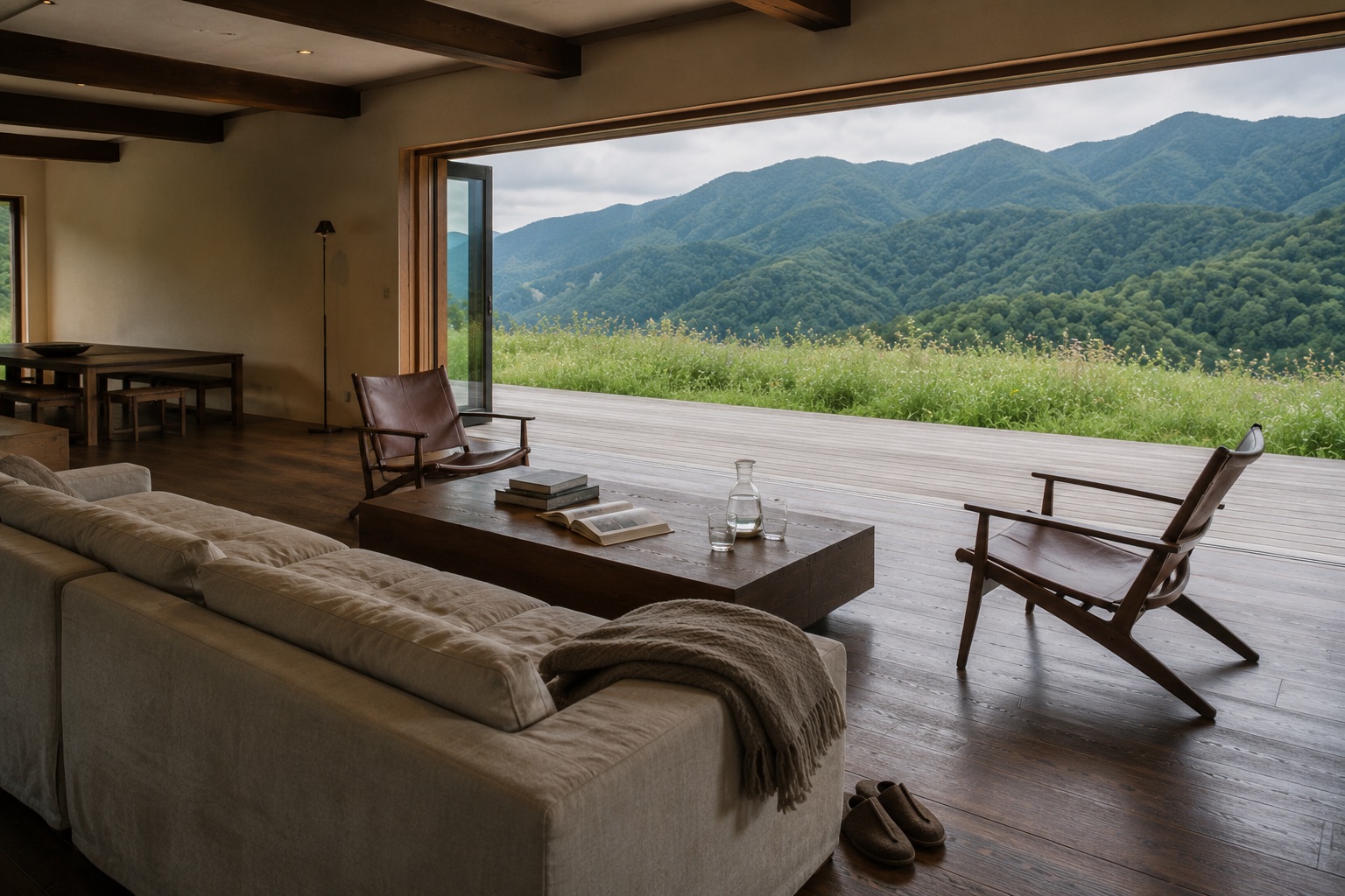 The lounge open to the green valley in July