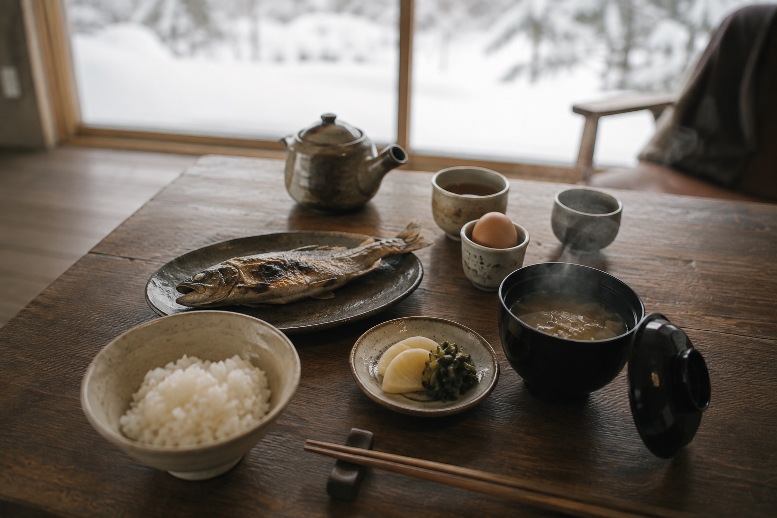Breakfast at the low table, snow outside
