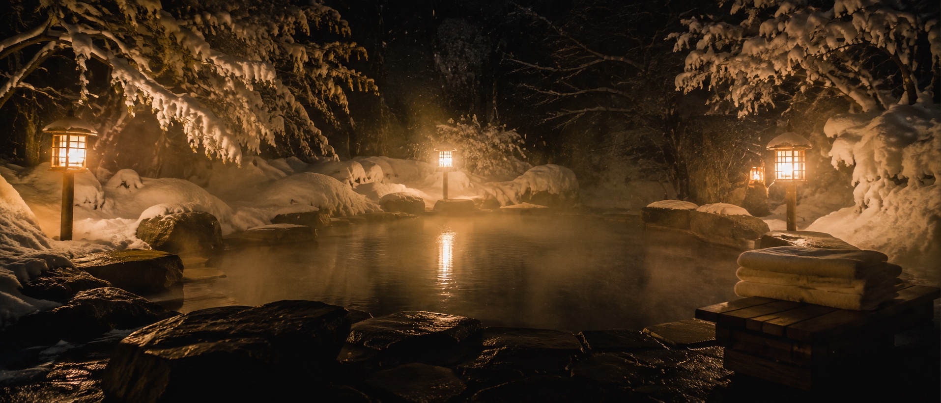 The outdoor bath at night, steaming