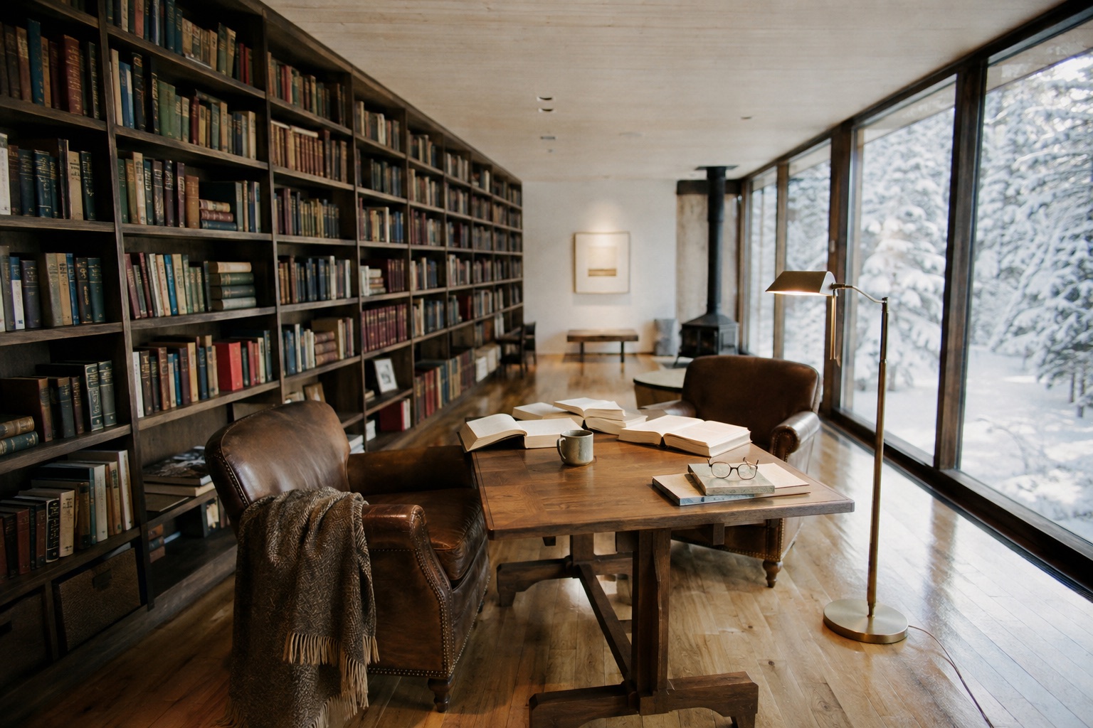 The library, stove lit, snow outside