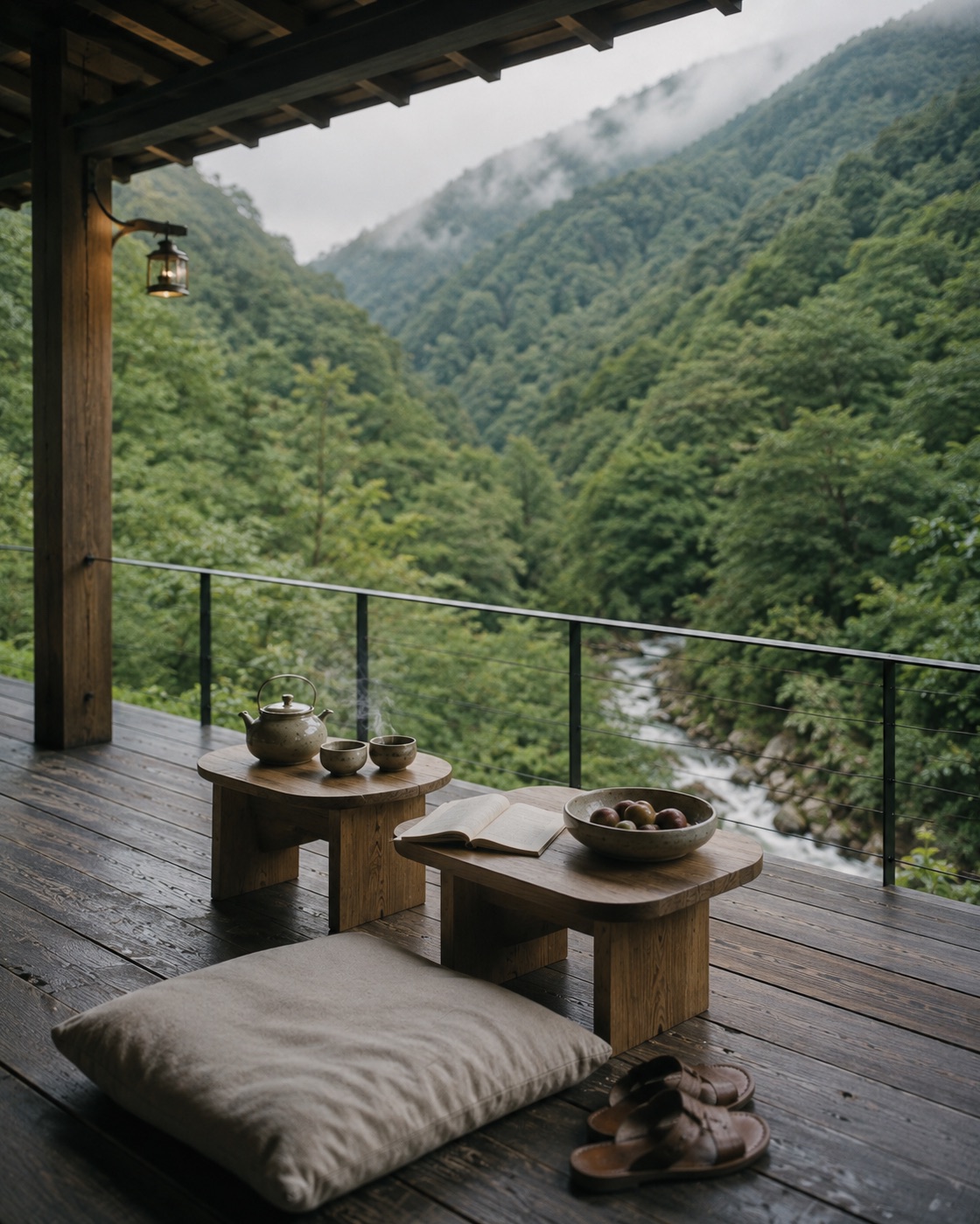 Tea on the verandah above the green gorge in August